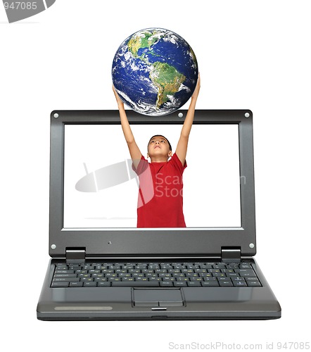 Image of laptop with boy holding earth planet