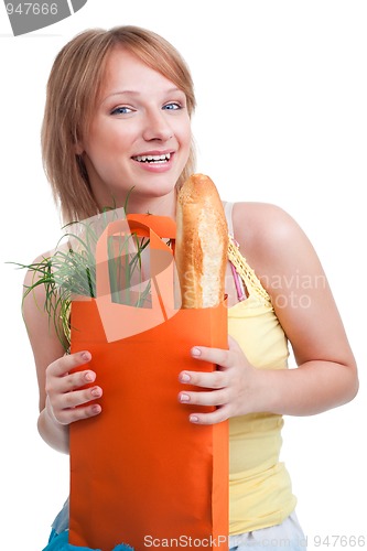 Image of Happy blonde with baguette