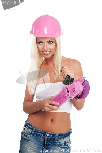 Image of Woman with pink angle grinder tool