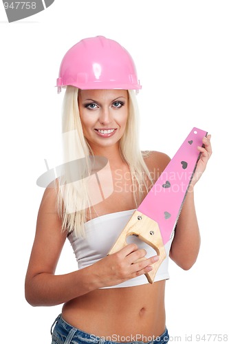 Image of Blond woman with pink hard hat