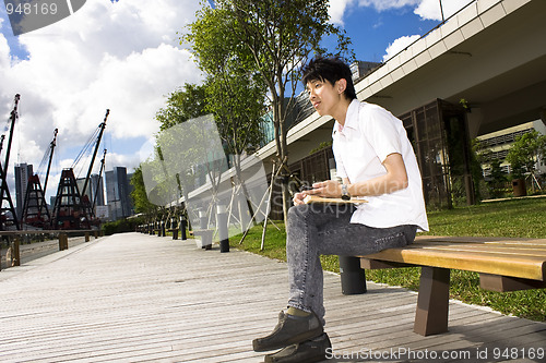 Image of asia man relax in the park 