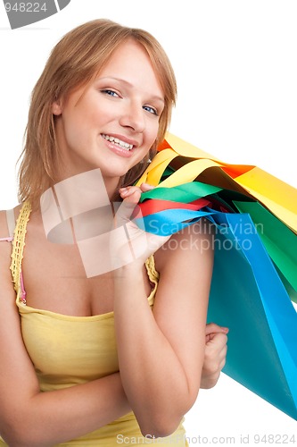 Image of Woman with colorful shopping bags