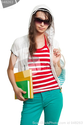 Image of Stylish teenage girl with books