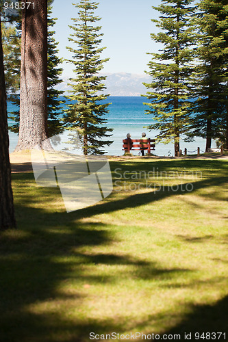 Image of Senior Women Enjoying Forest Lake View from Bench