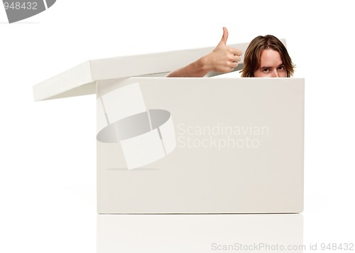 Image of Mans Head and Thumbs Up Pops from Blank White Box