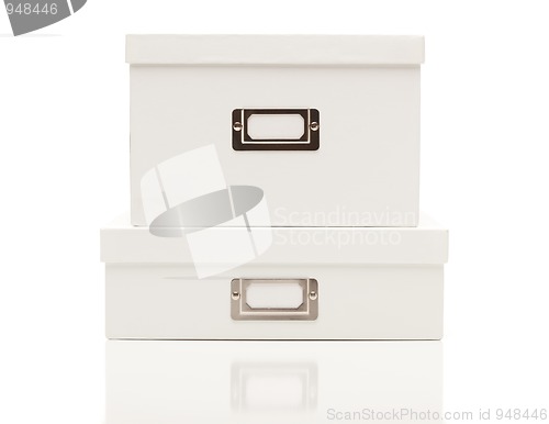 Image of Stacked Blank White File Boxes with Lids on White