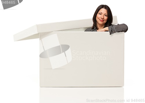 Image of Multiethnic Woman Standing Inside Blank White Box