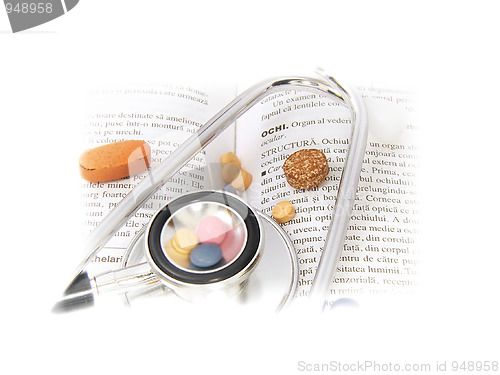 Image of Stethoscope & Drugs on medical book