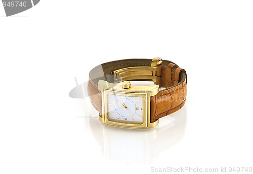 Image of Golden watch with leather strap