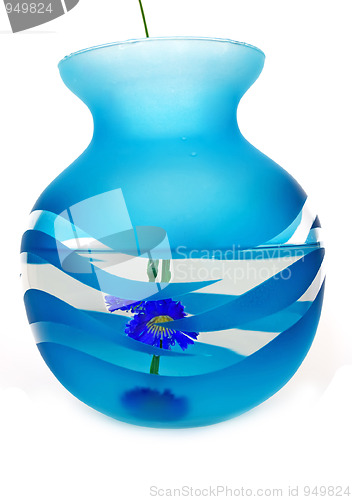 Image of Dark blue vase with water. 