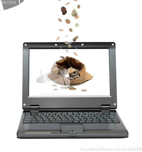 Image of laptop with coins flying in bag