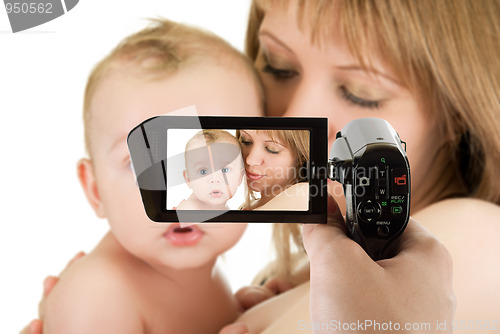 Image of mother with her baby boy at camcorder