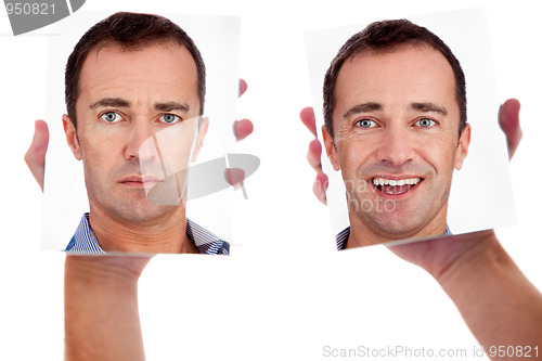 Image of One man, with two faces on the mirror