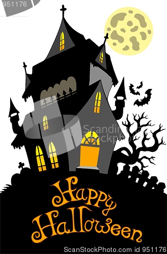 Image of Happy Halloween sign with mansion