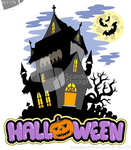 Image of Halloween sign with haunted mansion