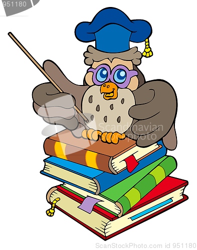 Image of Owl teacher sitting on four books