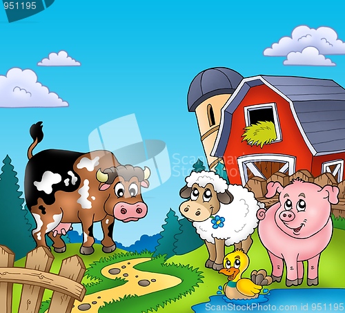 Image of Red barn with farm animals