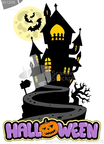 Image of Halloween sign with house on hill