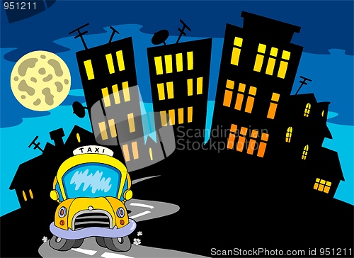 Image of City silhouette with taxi and Moon