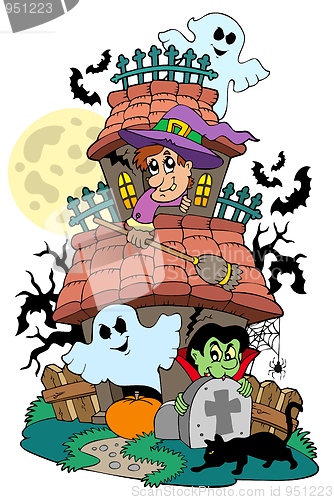 Image of Haunted house with various characters