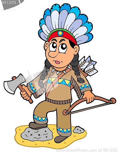 Image of Indian boy with axe and bow