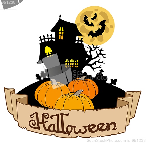 Image of Haunted house with Halloween banner