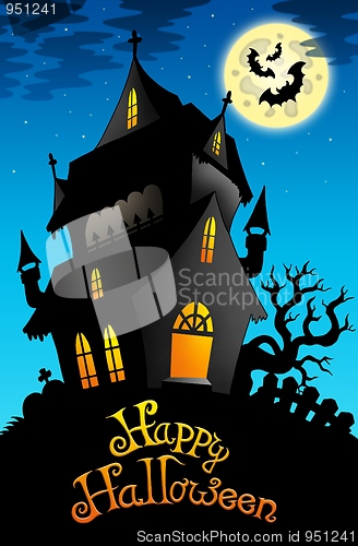 Image of Happy Halloween sign with old house