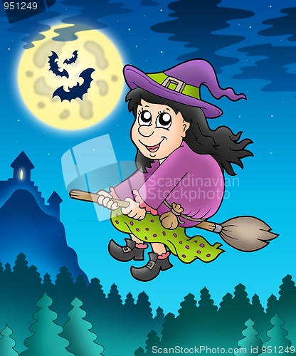Image of Cute witch on broom near castle