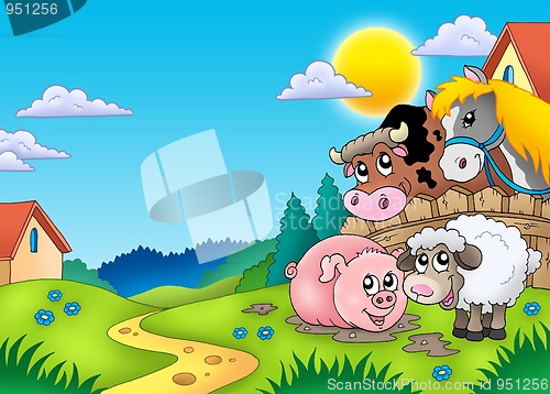 Image of Landscape with various farm animals