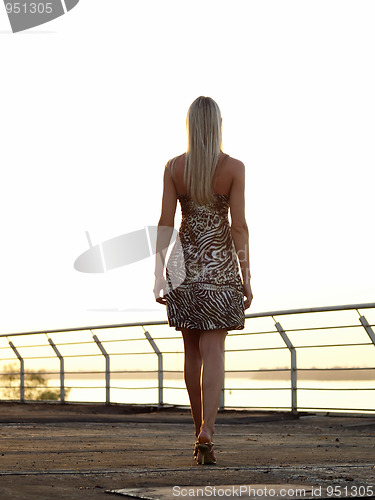 Image of Blond lady walking over promenade