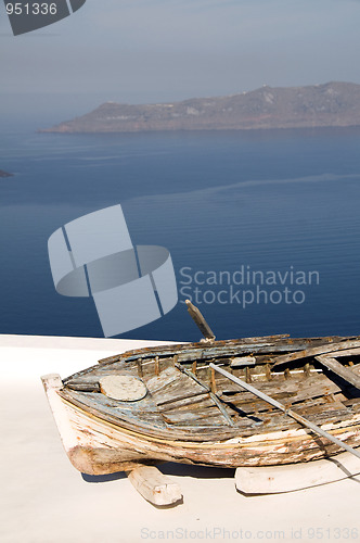 Image of old fishing boat island view santorini