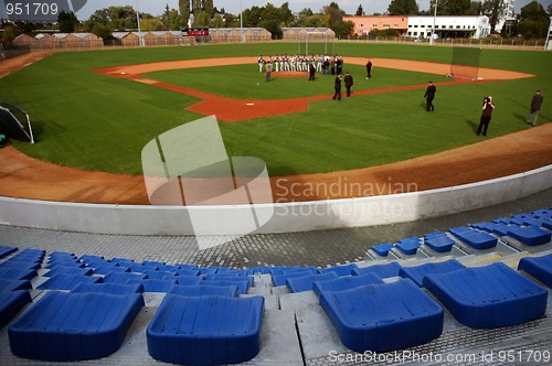 Image of Blue seats in an empty stadium