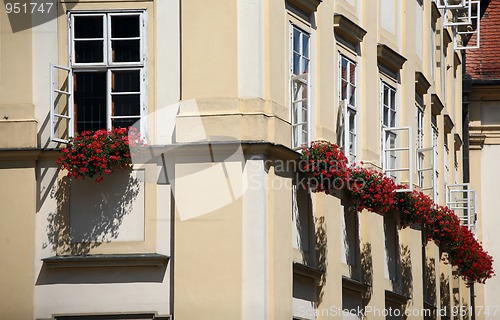 Image of Old house with flower decoration in windows