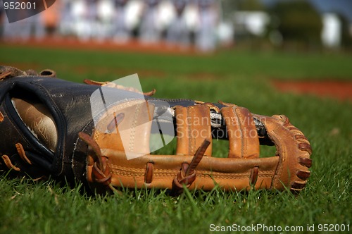 Image of Baseball glove dropped in green grass