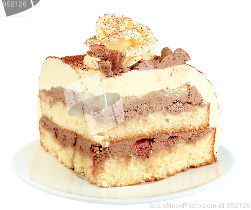 Image of Part of chocolate cake with flowers of rose