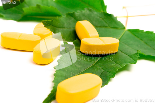 Image of vitamin pills over green leaves