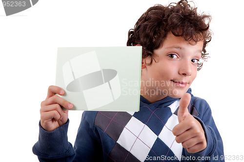 Image of cute boy with a paperboard in hand