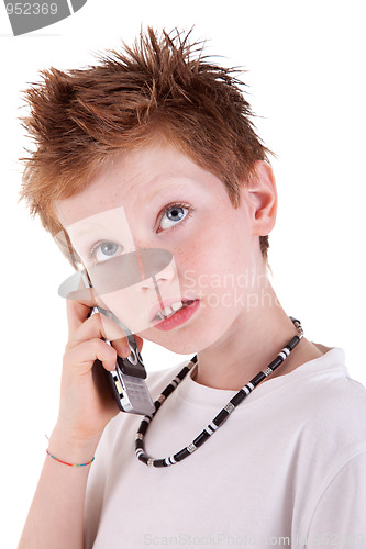 Image of cute boy on the phone,looking up