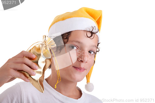 Image of Cute christmas boy with a gift