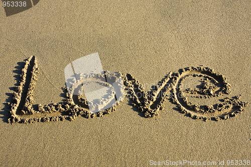 Image of love message written in sand 