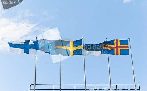 Image of Fluttering Scandinavian flags against the sky