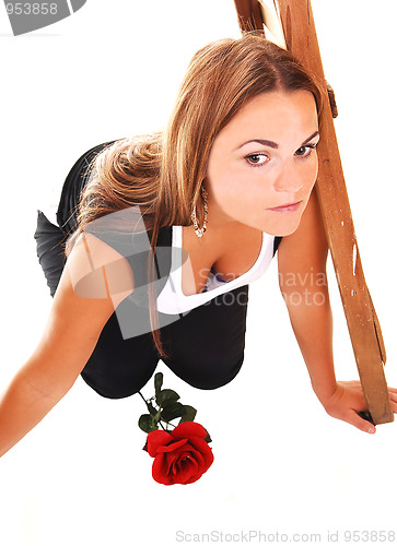 Image of Pretty girl under the stepladder.