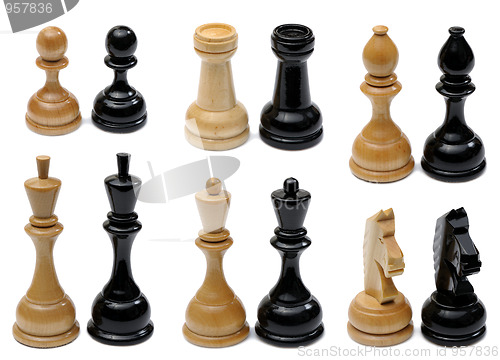 Image of Set of wooden chess pieces