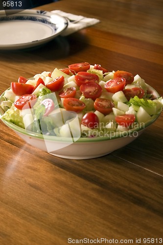 Image of Bowl of Salad and an Empty Plate on the Background