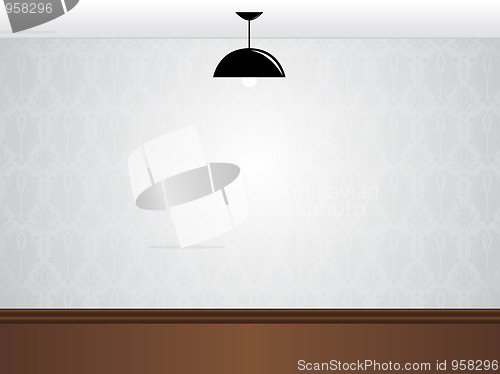 Image of Empty white room wall with black lamp and wooden floor 
