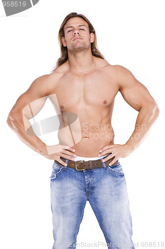 Image of Athletic sexy male body builder with the blonde long hair. gladi