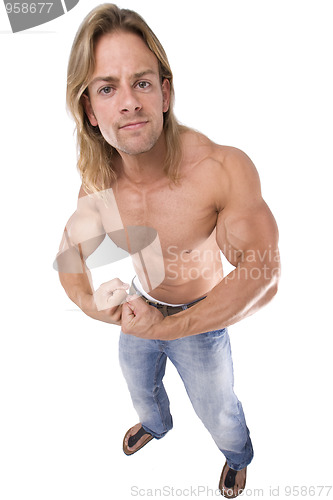 Image of Athletic sexy male body builder with the blonde long hair
