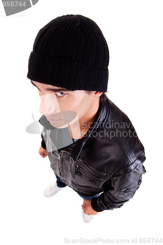 Image of handsome man with a hood view from above
