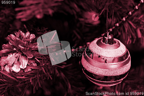 Image of Christmas ornaments on tree.