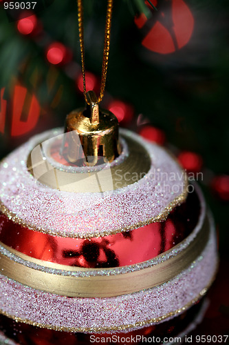 Image of Christmas ornaments on tree.